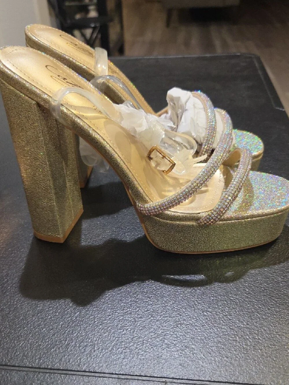 Cathy Din Gold Rhinestone Platform Sandals